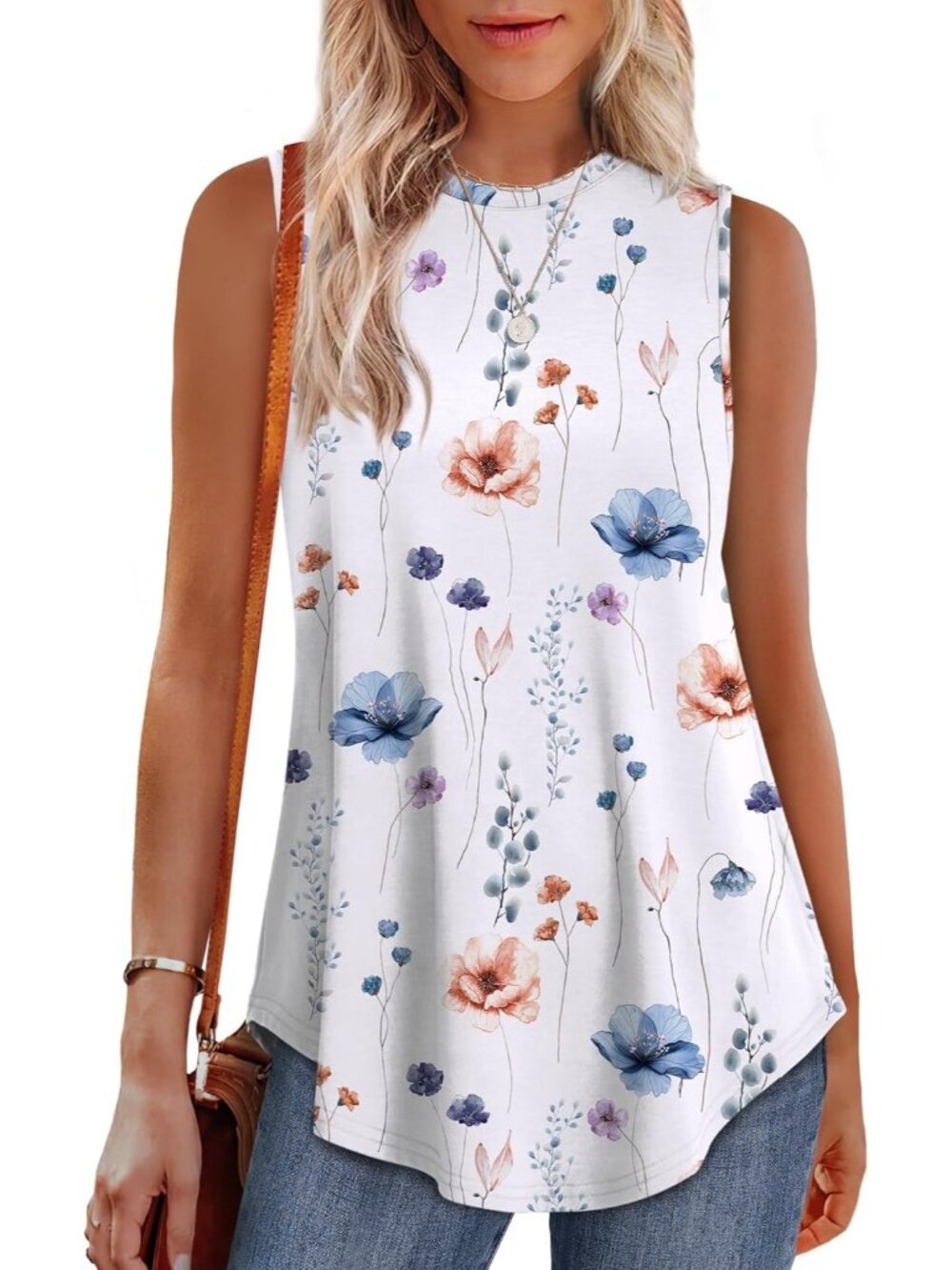 Women's White Blue High Neck Tank Loose Fit Sleeveless Outdoor Summer Tunic Tops